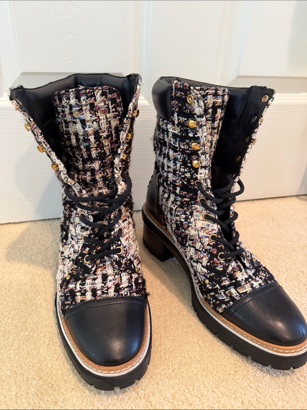 Tory Burch Woven Tweed Lace-Up Combat Boots in Black and Multicolor